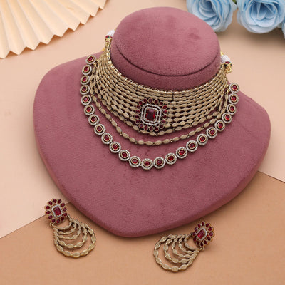 Red Color American Diamond Choker Necklace Set Featuring Elegant Party Wear Design