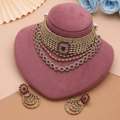 Red Color American Diamond Choker Necklace Set Featuring Elegant Party Wear Design