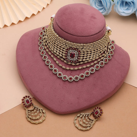 Red Color American Diamond Choker Necklace Set Featuring Elegant Party Wear Design