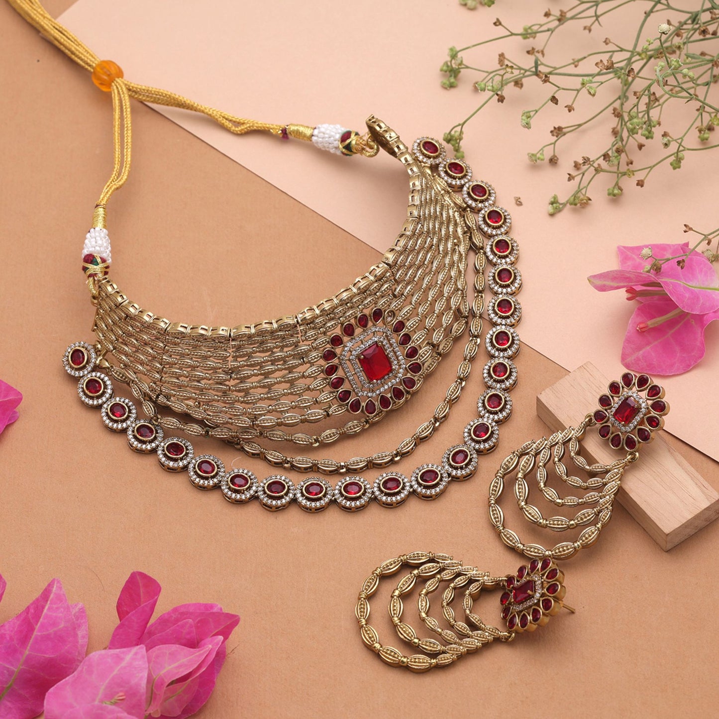 Red Color American Diamond Choker Necklace Set Featuring Elegant Party Wear Design