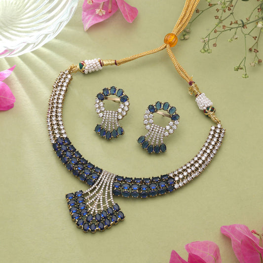 Blue Color American Diamond Necklace Set with Elegant Crystal Designer Jewelry Finish