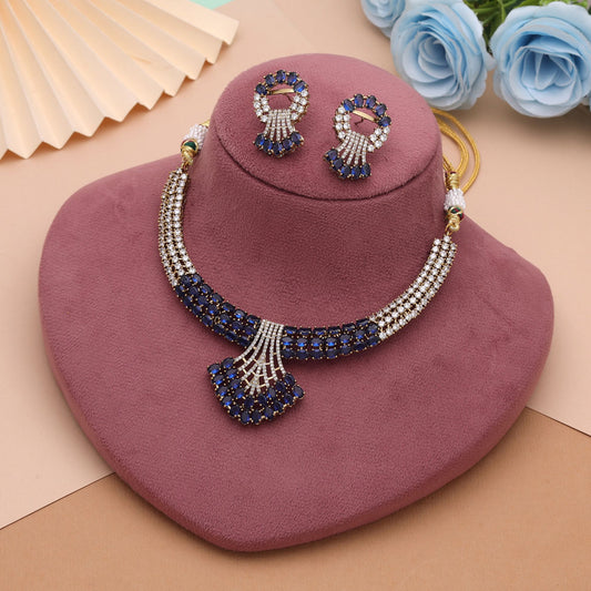 Blue Color American Diamond Necklace Set with Elegant Crystal Designer Jewelry Finish
