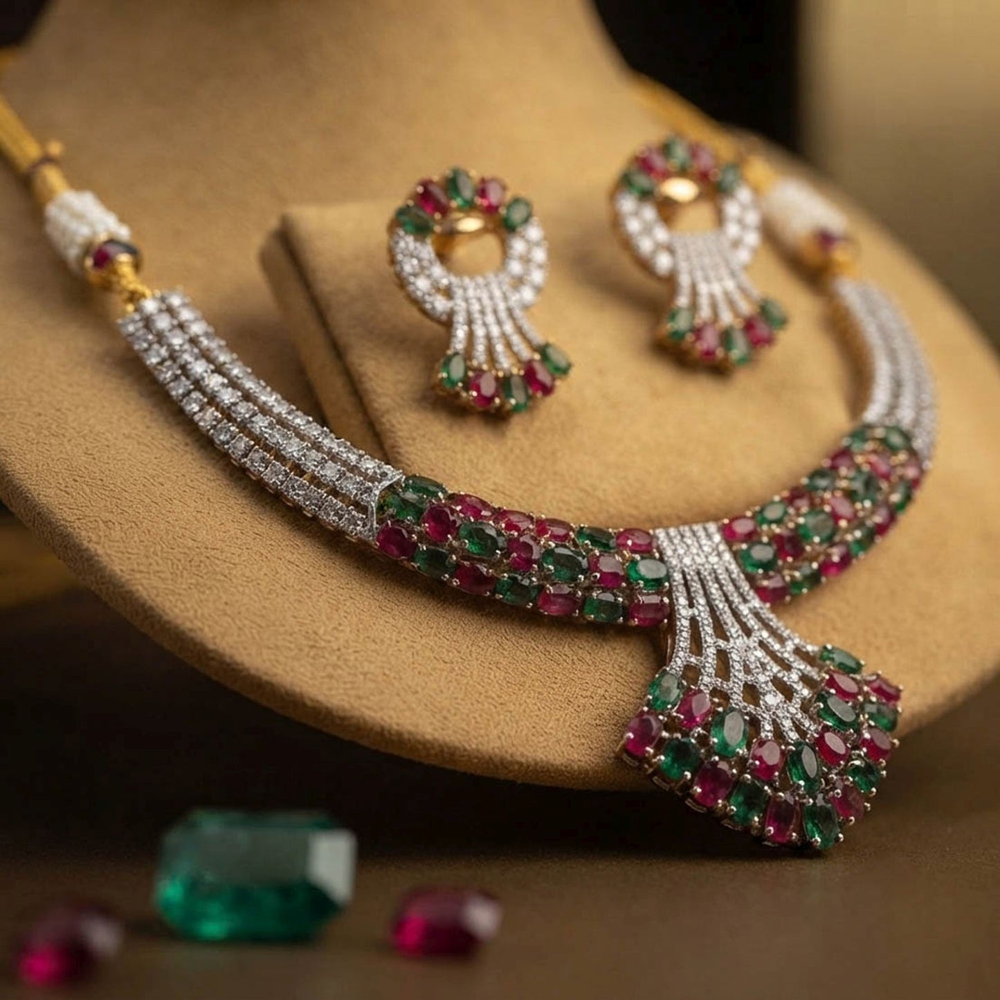 Multi Color American Diamond Necklace Set Crafted for Stylish Festive Fashion Wear