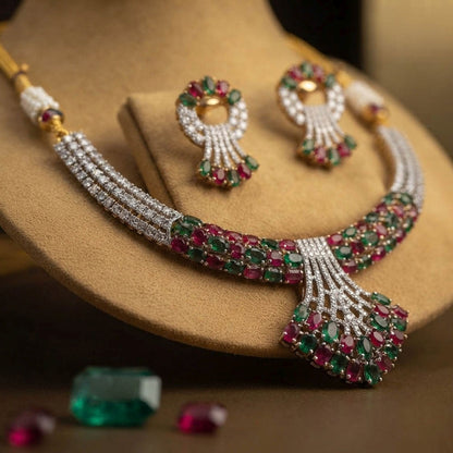 Multi Color American Diamond Necklace Set Crafted for Stylish Festive Fashion Wear