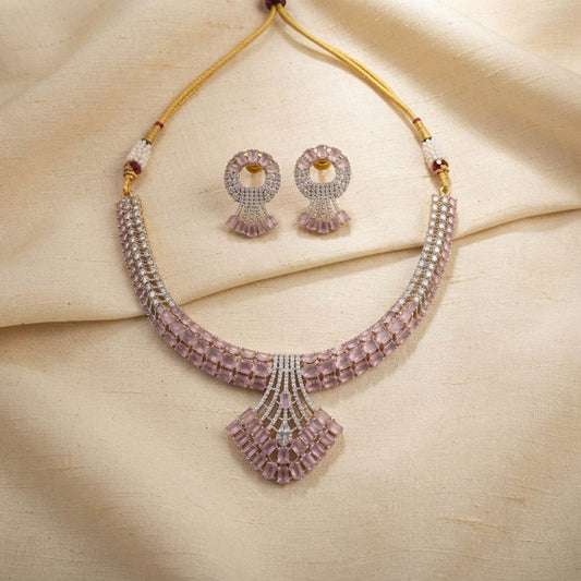 Pink Color American Diamond Necklace Set Featuring Premium Sparkling Party Wear Style