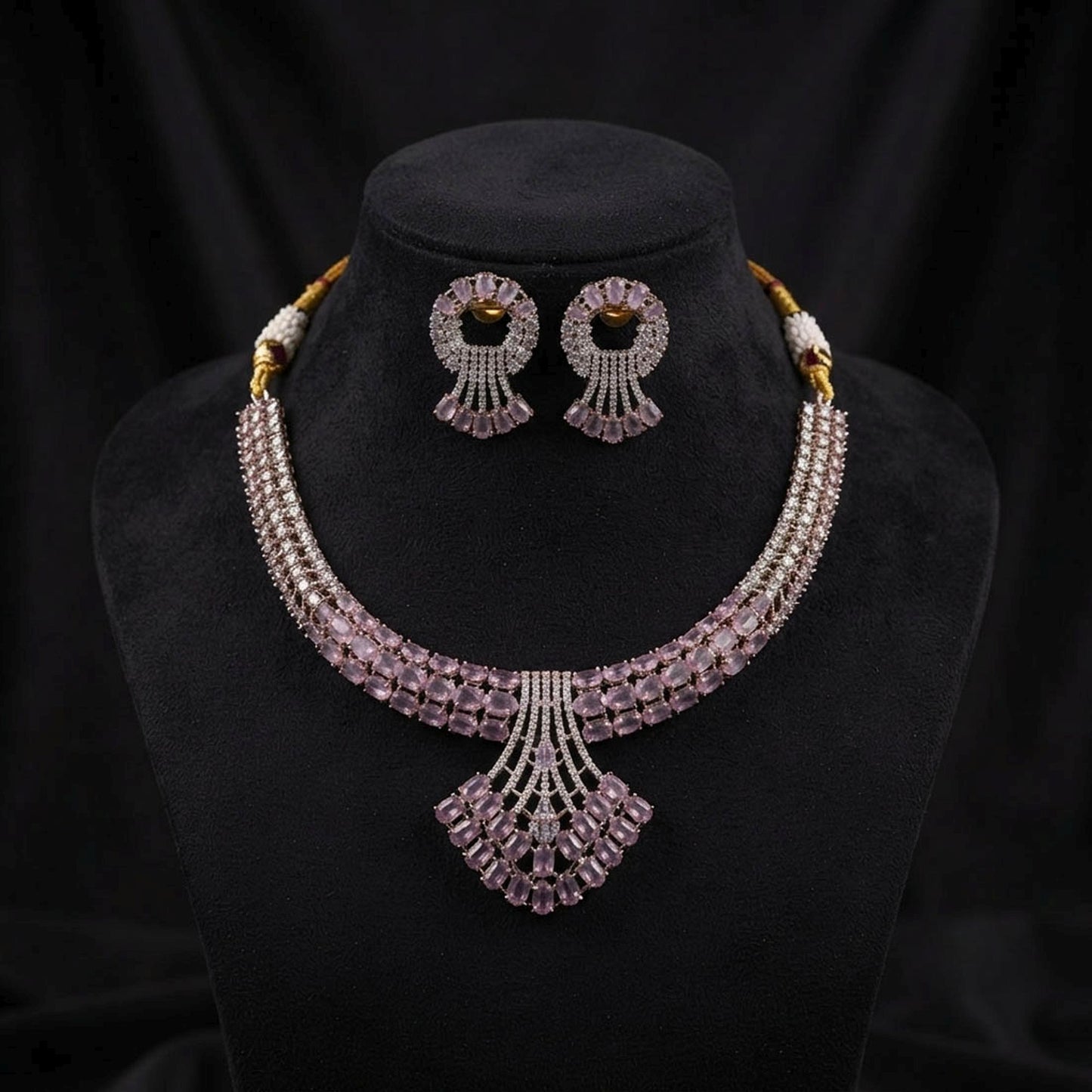 Pink Color American Diamond Necklace Set Featuring Premium Sparkling Party Wear Style