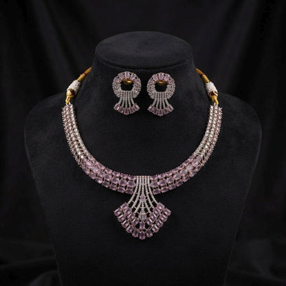Pink Color American Diamond Necklace Set Featuring Premium Sparkling Party Wear Style