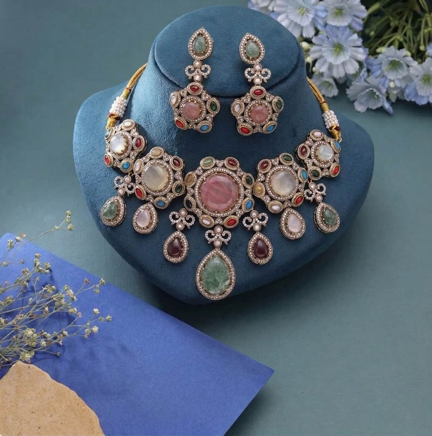 Multi Color Sabyasachi Inspired Russian Stone Choker Necklace Set Featuring Elegant Bridal Style