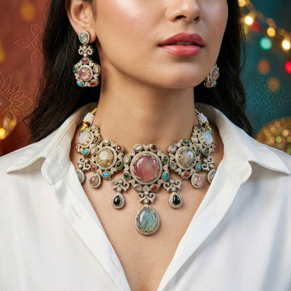 Multi Color Sabyasachi Inspired Russian Stone Choker Necklace Set Featuring Elegant Bridal Style