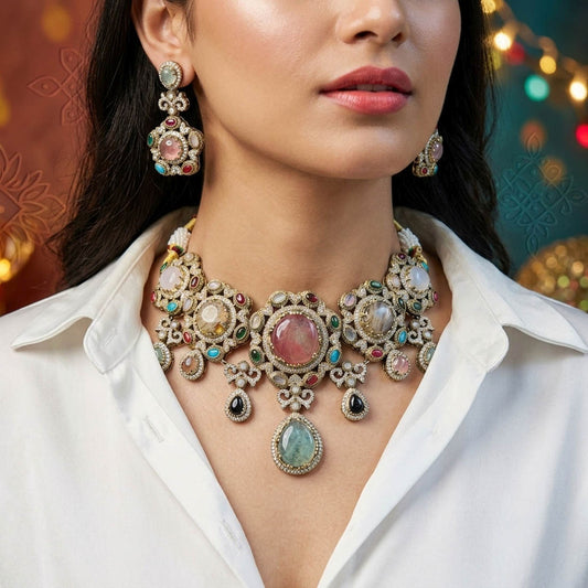 Multi Color Sabyasachi Inspired Russian Stone Choker Necklace Set Featuring Elegant Bridal Style
