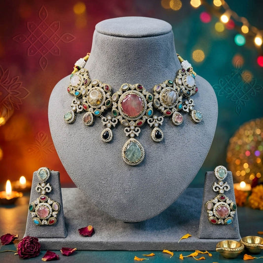 Multi Color Sabyasachi Inspired Russian Stone Choker Necklace Set Featuring Elegant Bridal Style