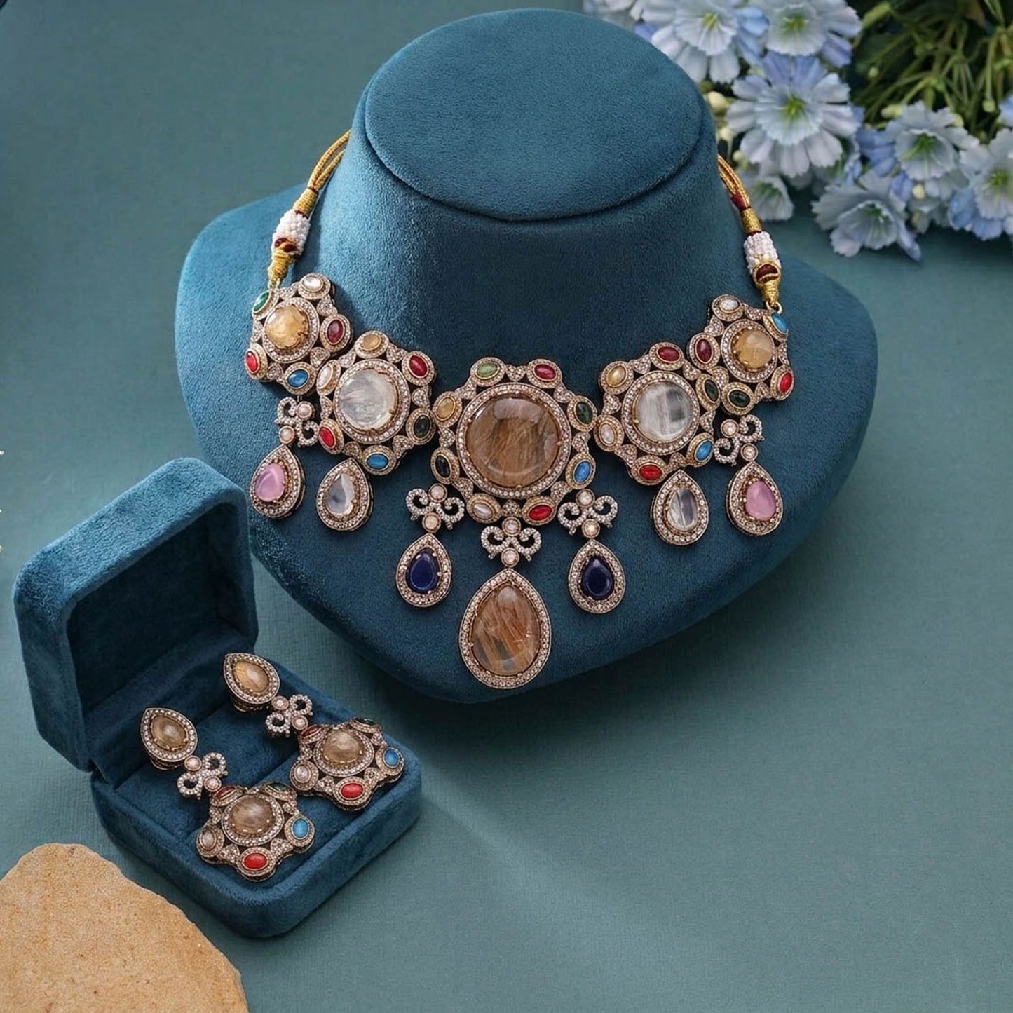 Multi Color Sabyasachi Inspired Russian Stone Choker Necklace Set with Premium Ethnic Jewelry Design