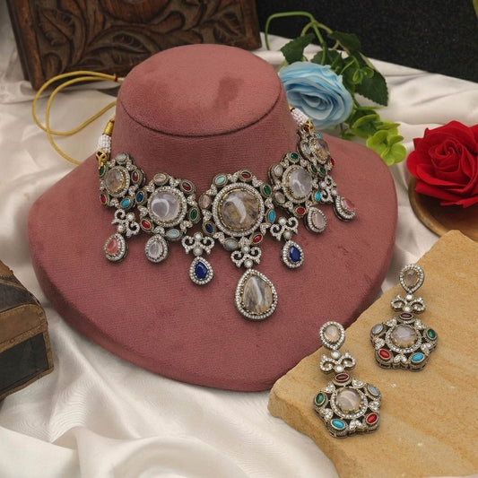 Multi Color Sabyasachi Inspired Russian Stone Choker Necklace Set with Premium Ethnic Jewelry Design