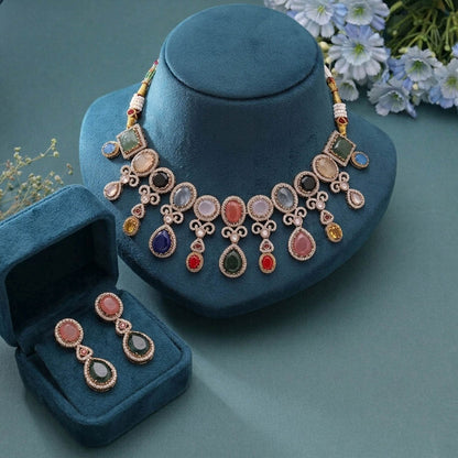 Multi Color Sabyasachi Inspired Russian Stone Necklace Set Featuring Beautiful Traditional Fashion Style