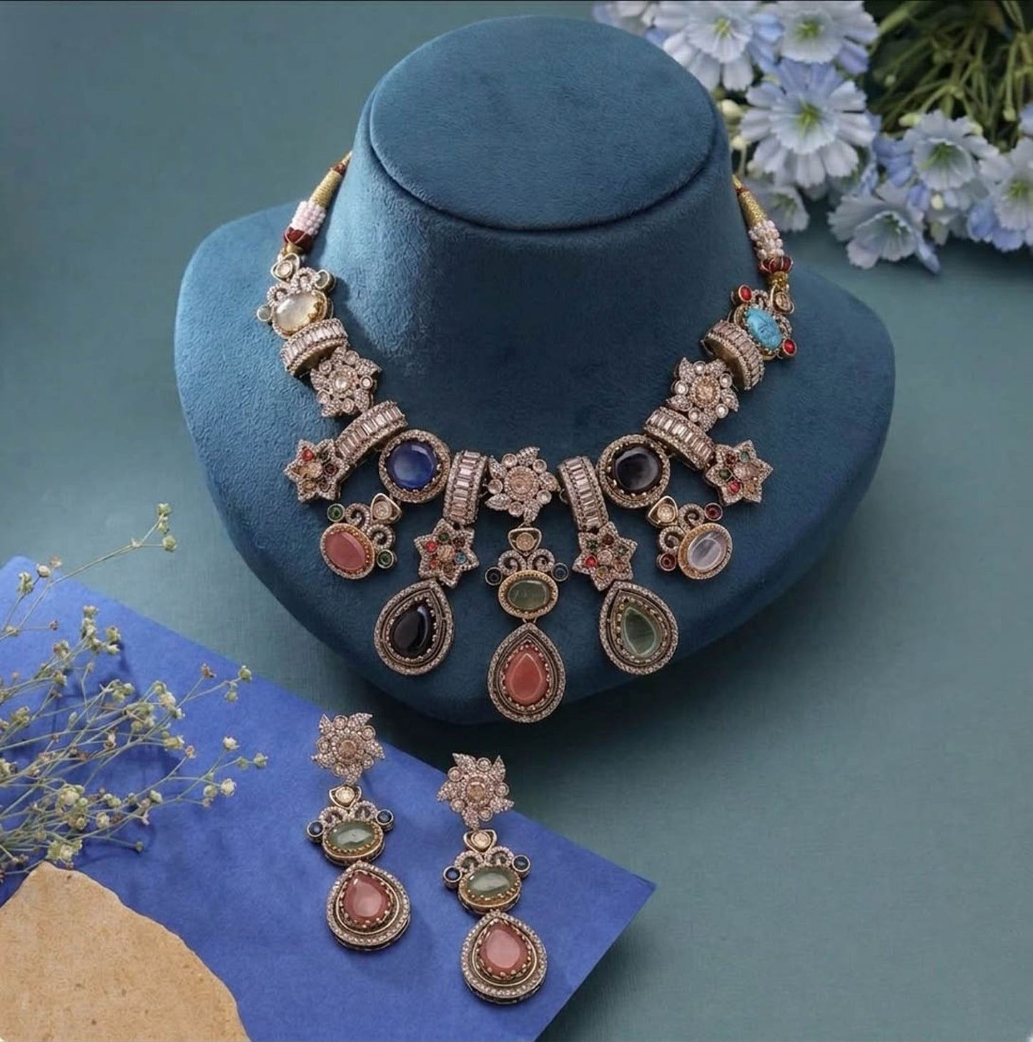 Multi Color Sabyasachi Inspired Russian Stone Necklace Set Crafted with Elegant Designer Appeal