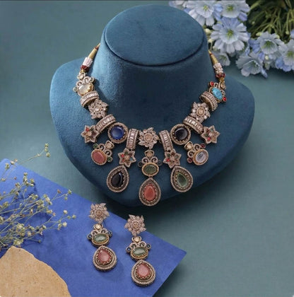 Multi Color Sabyasachi Inspired Russian Stone Necklace Set Crafted with Elegant Designer Appeal
