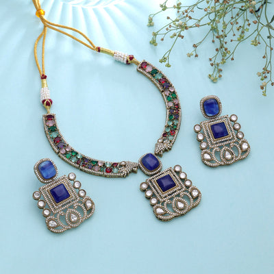 Blue Color American Diamond Polki Necklace Set Featuring Beautiful Ethnic Fashion Style