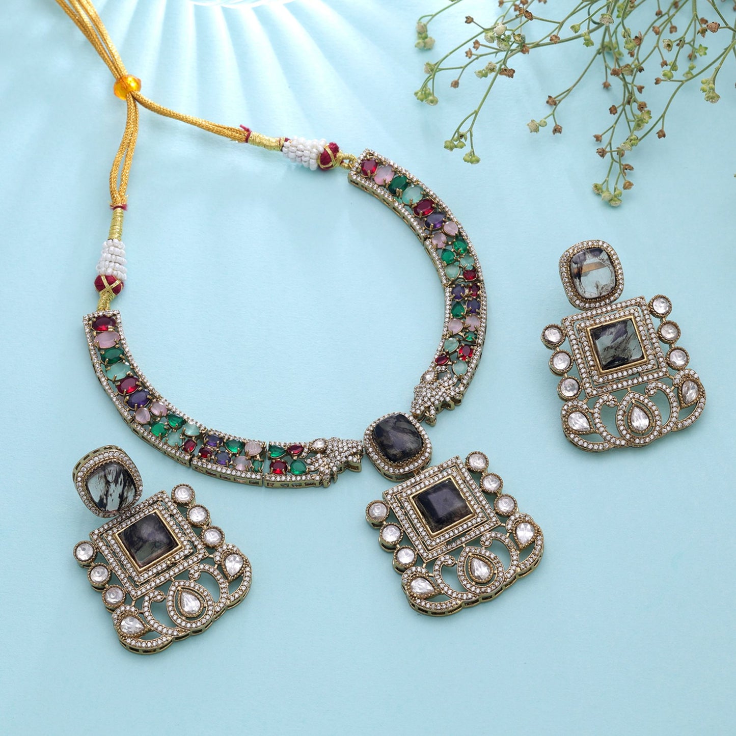 Brown Color American Diamond Polki Necklace Set with Elegant Traditional Jewelry Design