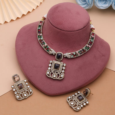Brown Color American Diamond Polki Necklace Set with Elegant Traditional Jewelry Design