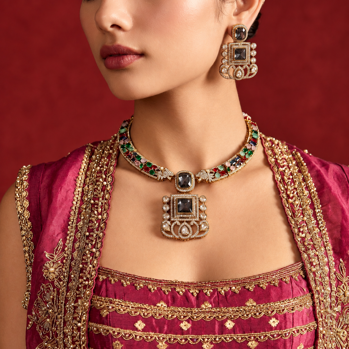 Braunes amerikanisches Diamant-Polki-Halskettenset mit elegantem traditionellem Schmuckdesign