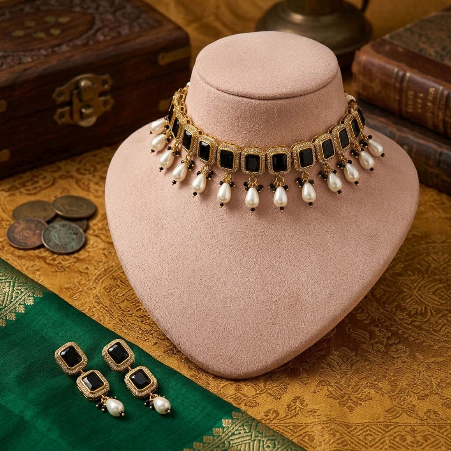 Black Color American Diamond & Turkish Stone Necklace Set Featuring Premium Designer Style