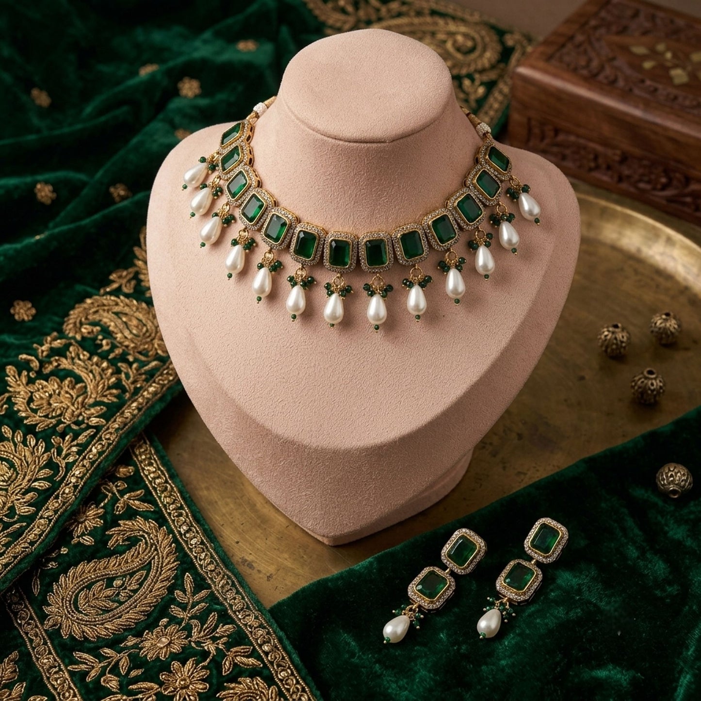 Green Color American Diamond & Turkish Stone Necklace Set with Elegant Party Wear Design