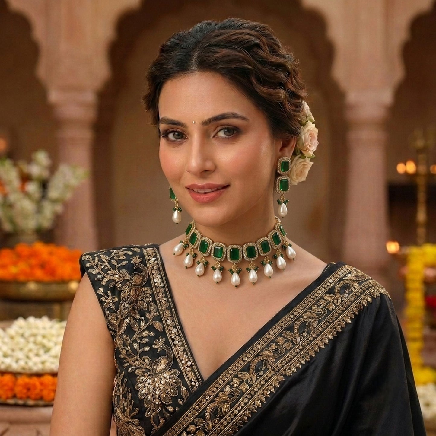 Green Color American Diamond & Turkish Stone Necklace Set with Elegant Party Wear Design
