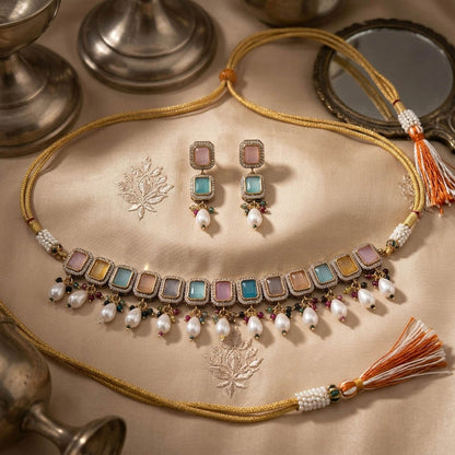 Light Pink & Light Blue Color American Diamond & Turkish Stone Necklace Set with Elegant Party Wear Design