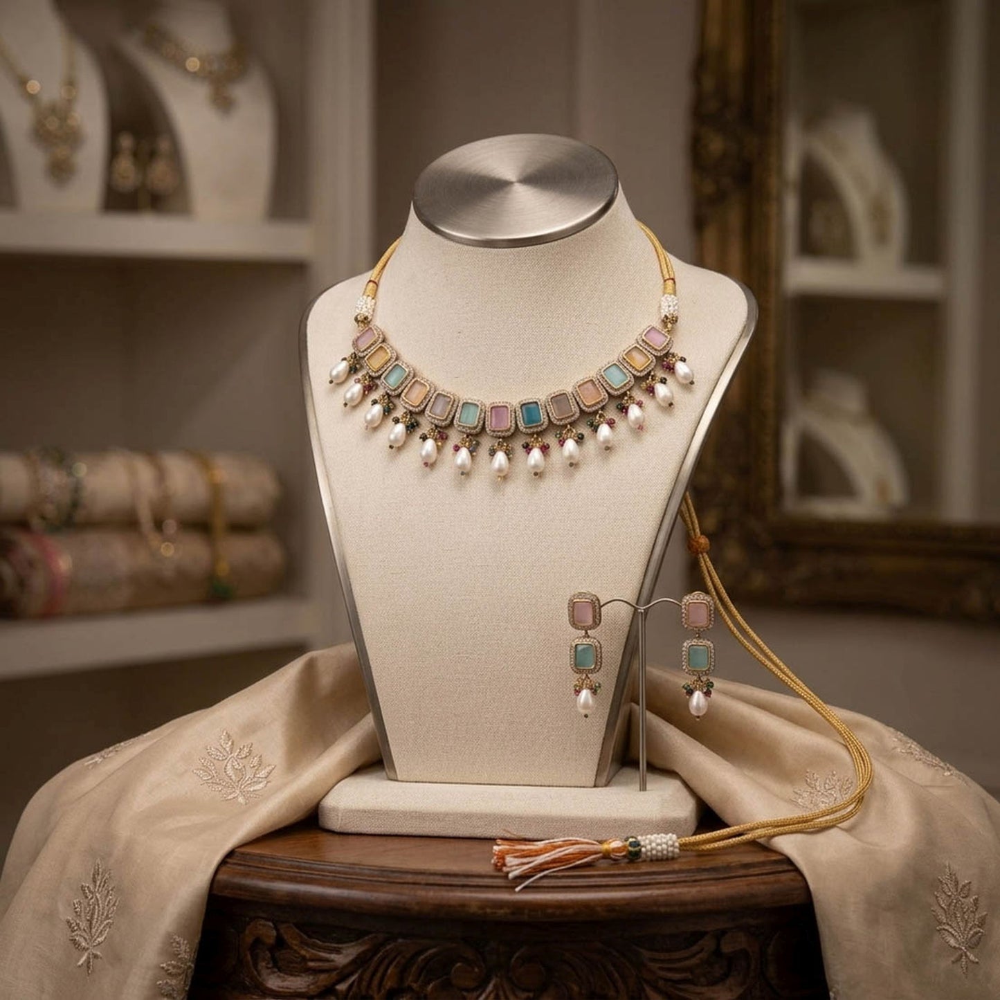 Light Pink & Light Blue Color American Diamond & Turkish Stone Necklace Set with Elegant Party Wear Design
