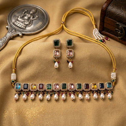 Multi Color American Diamond & Turkish Stone Necklace Set with Elegant Party Wear Design
