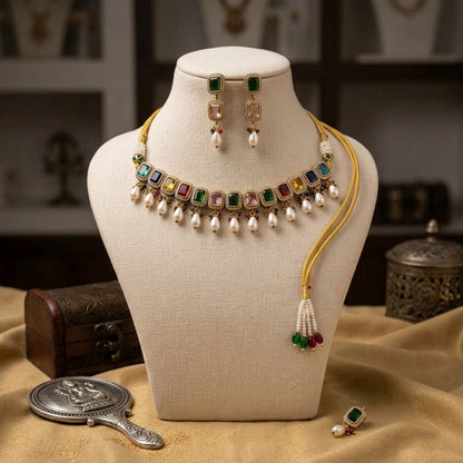 Multi Color American Diamond & Turkish Stone Necklace Set with Elegant Party Wear Design