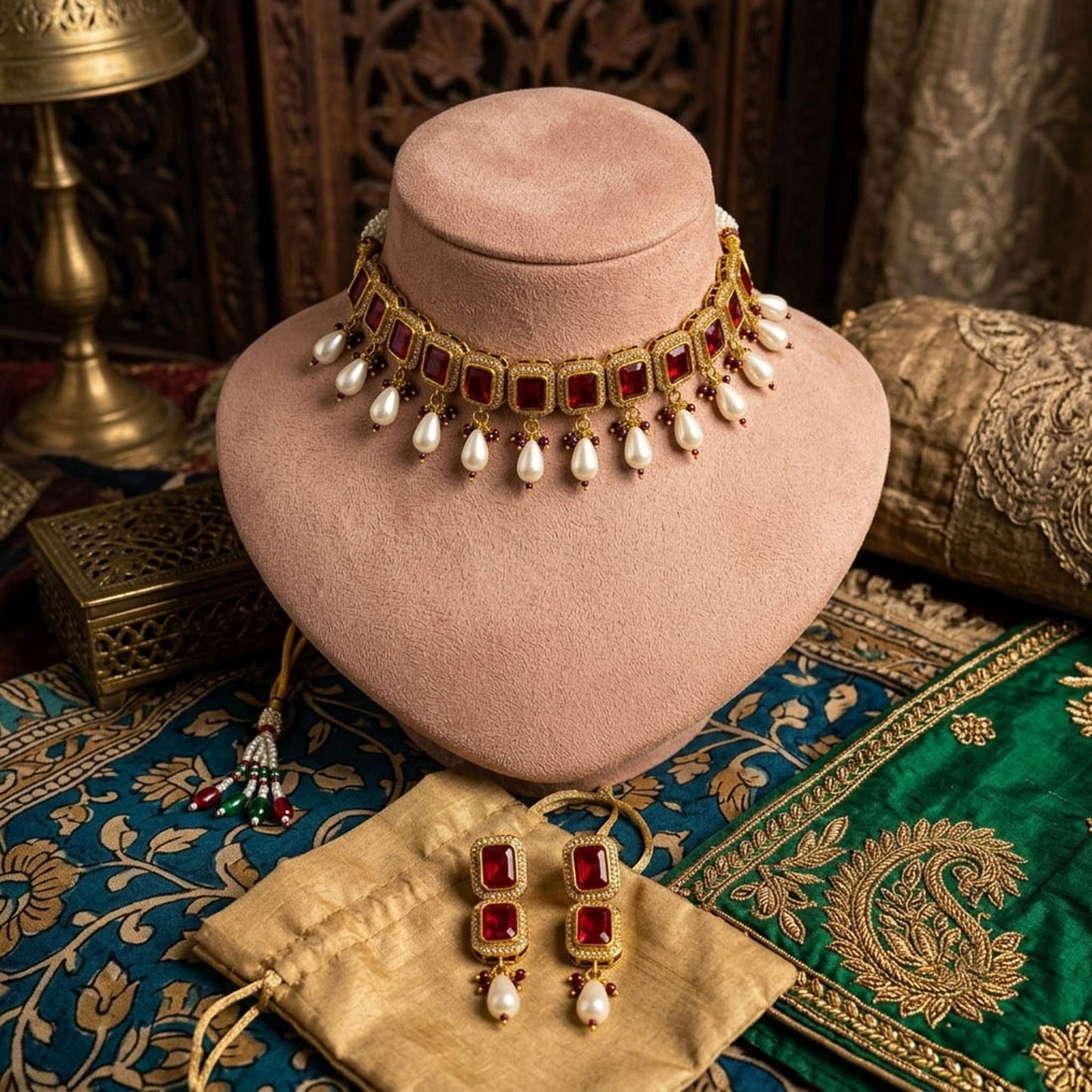 Red Color American Diamond & Turkish Stone Necklace Set with Elegant Party Wear Design