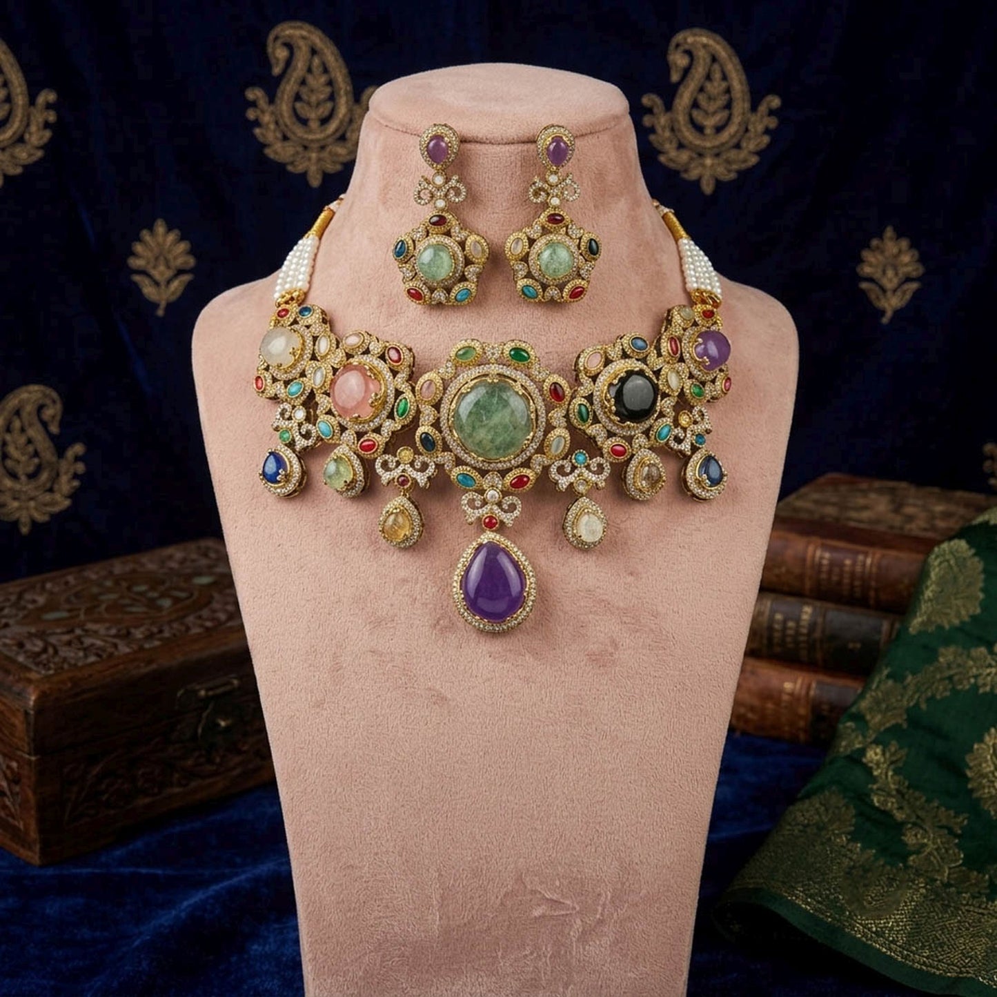 Multi Color Sabyasachi Inspired Russian Stone Choker Necklace Set with Royal Bridal Appeal