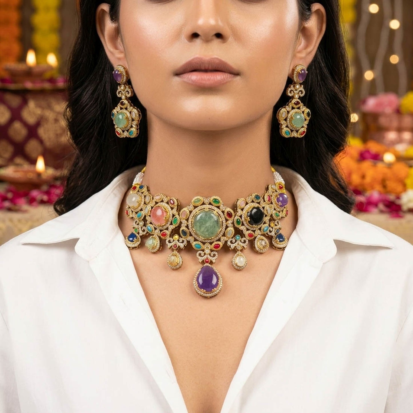 Multi Color Sabyasachi Inspired Russian Stone Choker Necklace Set with Royal Bridal Appeal