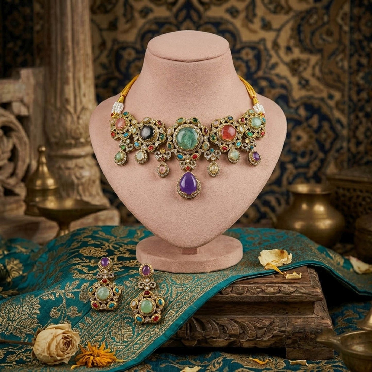 Multi Color Sabyasachi Inspired Russian Stone Choker Necklace Set Featuring Elegant Ethnic Fashion Style