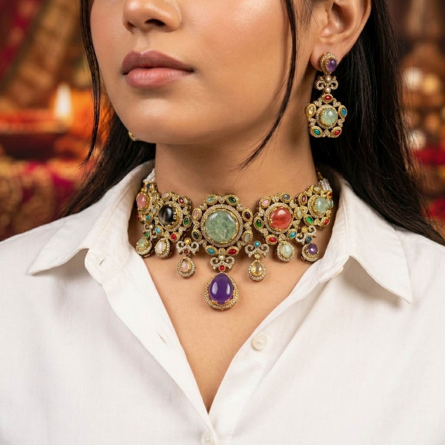 Multi Color Sabyasachi Inspired Russian Stone Choker Necklace Set Featuring Elegant Ethnic Fashion Style