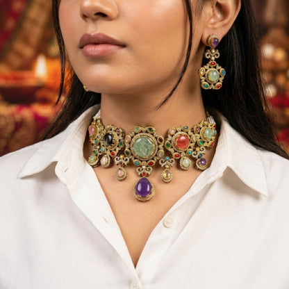 Multi Color Sabyasachi Inspired Russian Stone Choker Necklace Set Featuring Elegant Ethnic Fashion Style