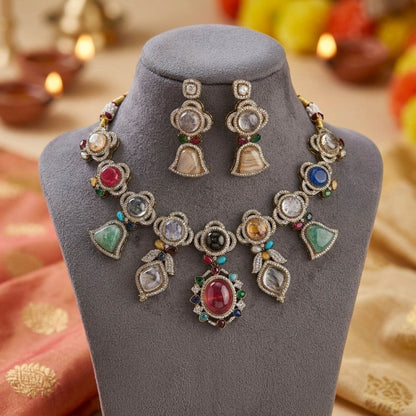 Multi Color Sabyasachi Inspired Russian Stone Necklace Set with Beautiful Traditional Designer Finish