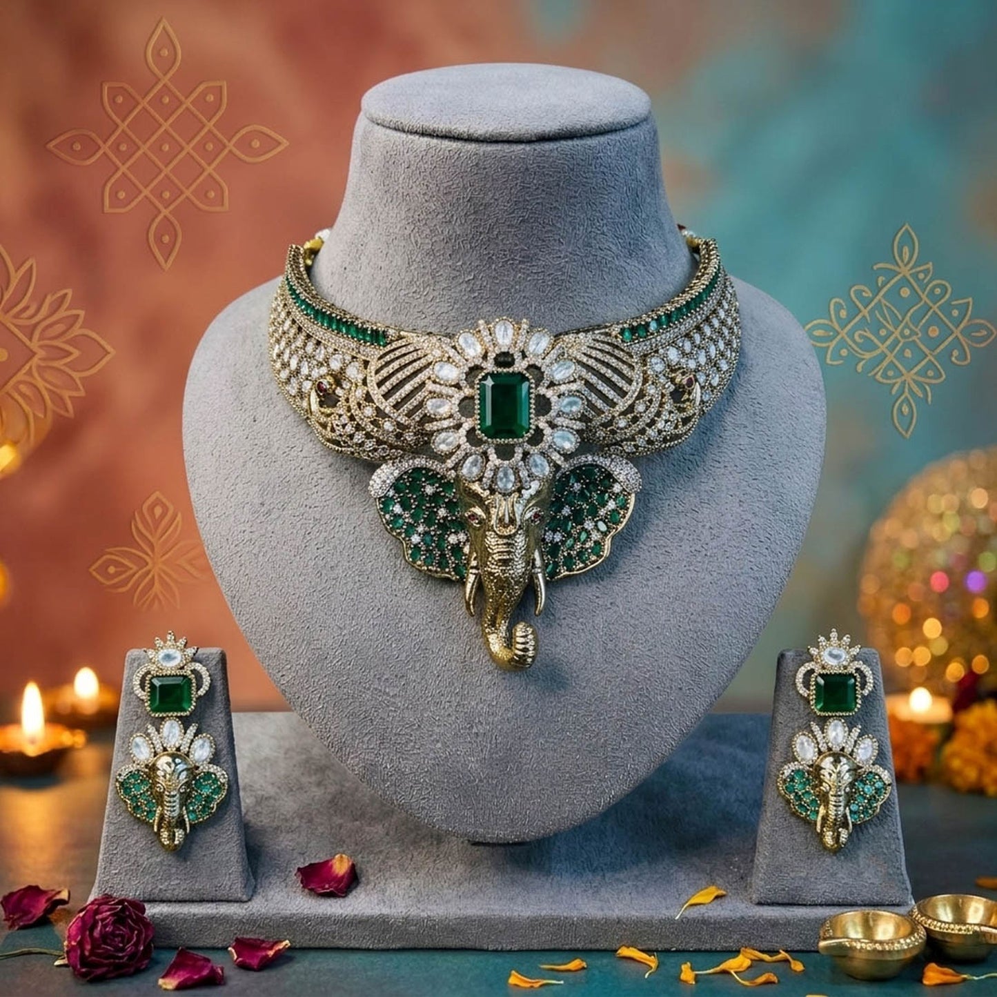 Green Color Divine Ganesha AD Necklace Set with Premium Traditional Ethnic Appeal