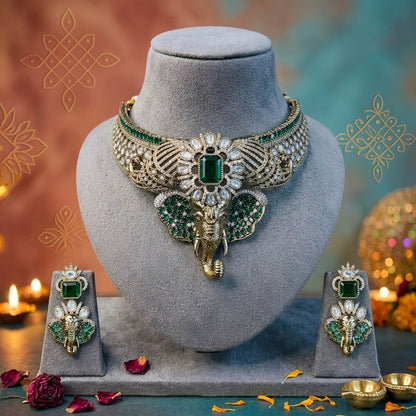 Green Color Divine Ganesha AD Necklace Set with Premium Traditional Ethnic Appeal