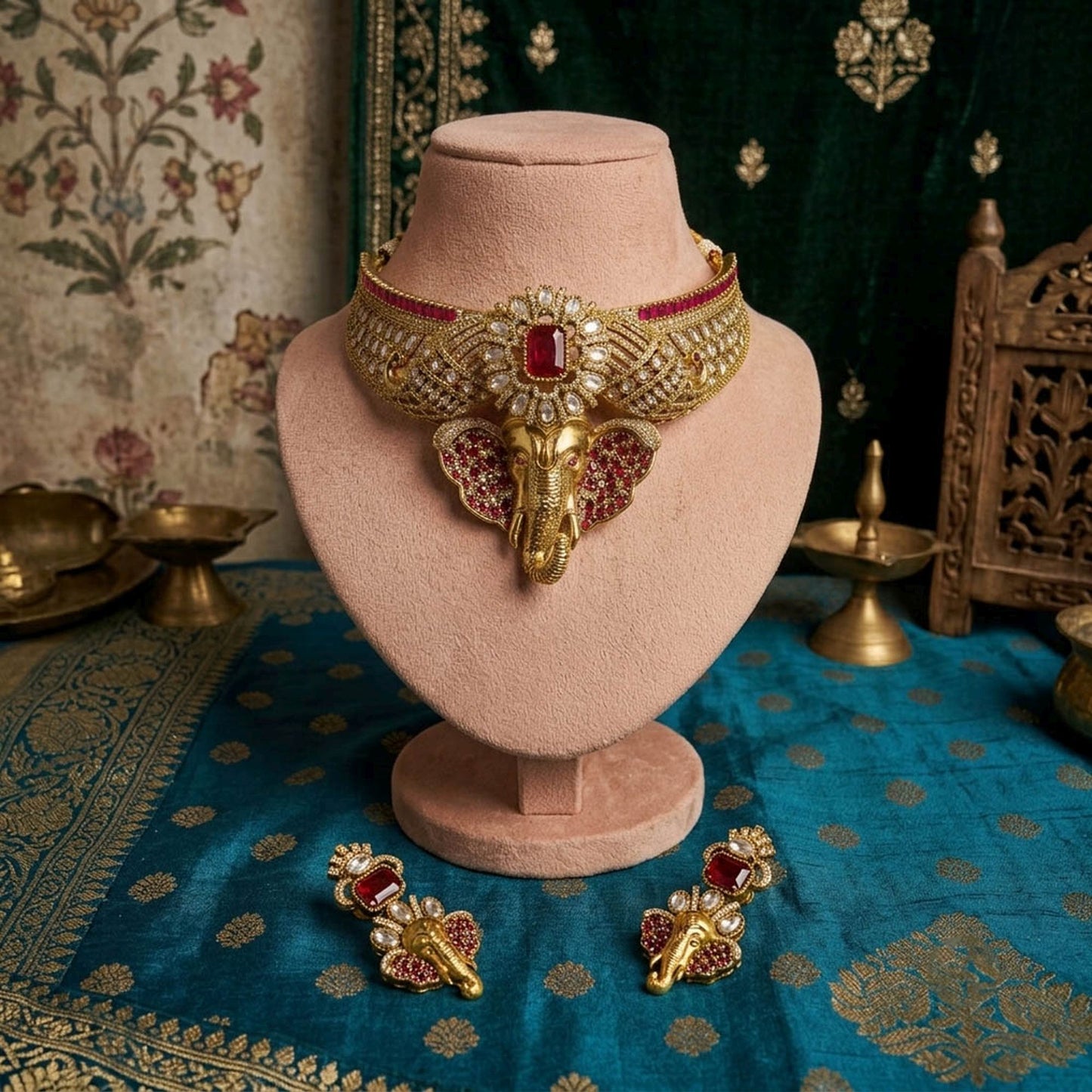 Rani Color Divine Ganesha AD Necklace Set Featuring Elegant Spiritual Jewelry Design