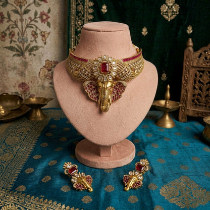 Rani Color Divine Ganesha AD Necklace Set Featuring Elegant Spiritual Jewelry Design