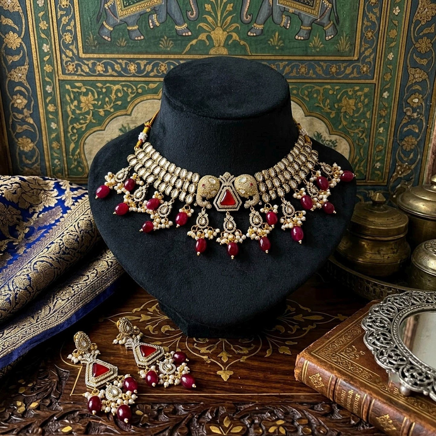 Maroon Color American Diamond Necklace Set Crafted for Elegant Festive Party Wear