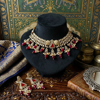 Maroon Color American Diamond Necklace Set Crafted for Elegant Festive Party Wear
