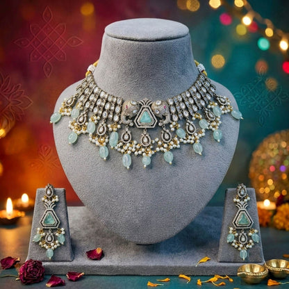 Pista Green Color American Diamond Necklace Set with Stylish Sparkling Designer Finish