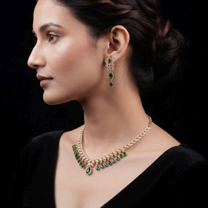 Green Color American Diamond Necklace Set Traditional Designer Appeal