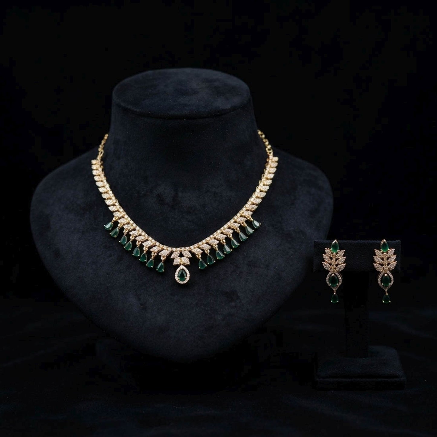 Green Color American Diamond Necklace Set Traditional Designer Appeal