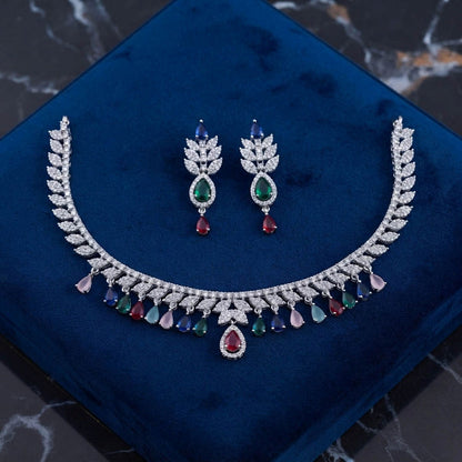 Multi Color American Diamond Necklace Set Festive Ethnic Style