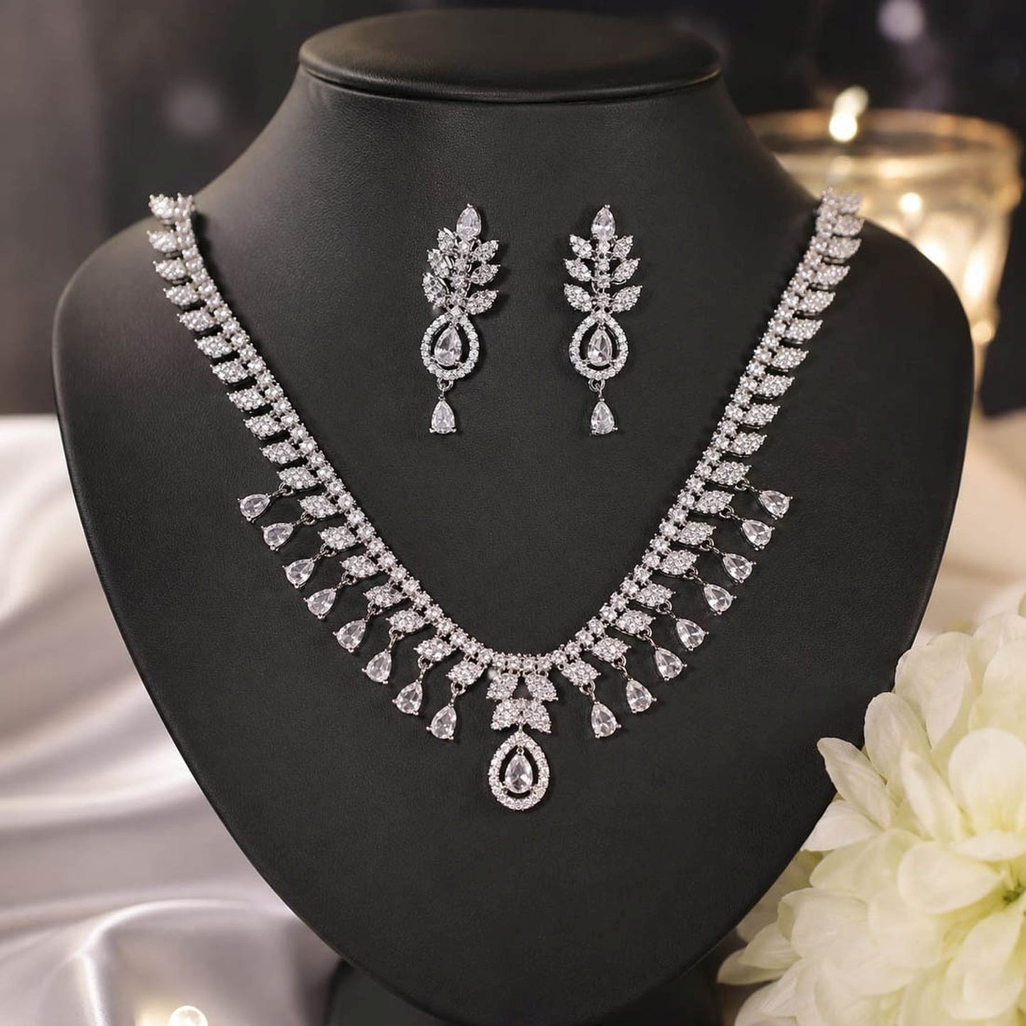 White Color American Diamond Necklace Set Elegant Designer Style
