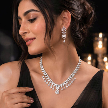 White Color American Diamond Necklace Set Elegant Designer Style